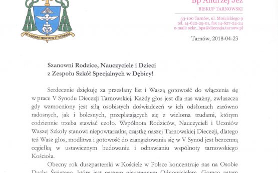 RODZICE UCZNIÓW ZESPOŁU SZKÓŁ SPECJALNYCH W DĘBICY ZAPROSZENI DO WŁĄCZENIA SIĘ W OBRADY V SYNODU DIECEZJI TARNOWSKIEJ